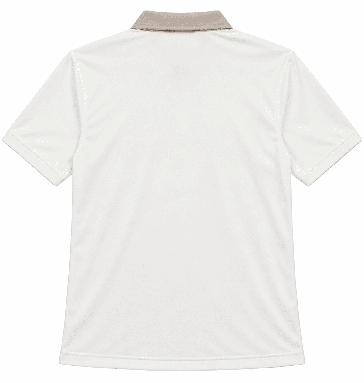 White polo shirt with beige collar, no visible logos or designs.