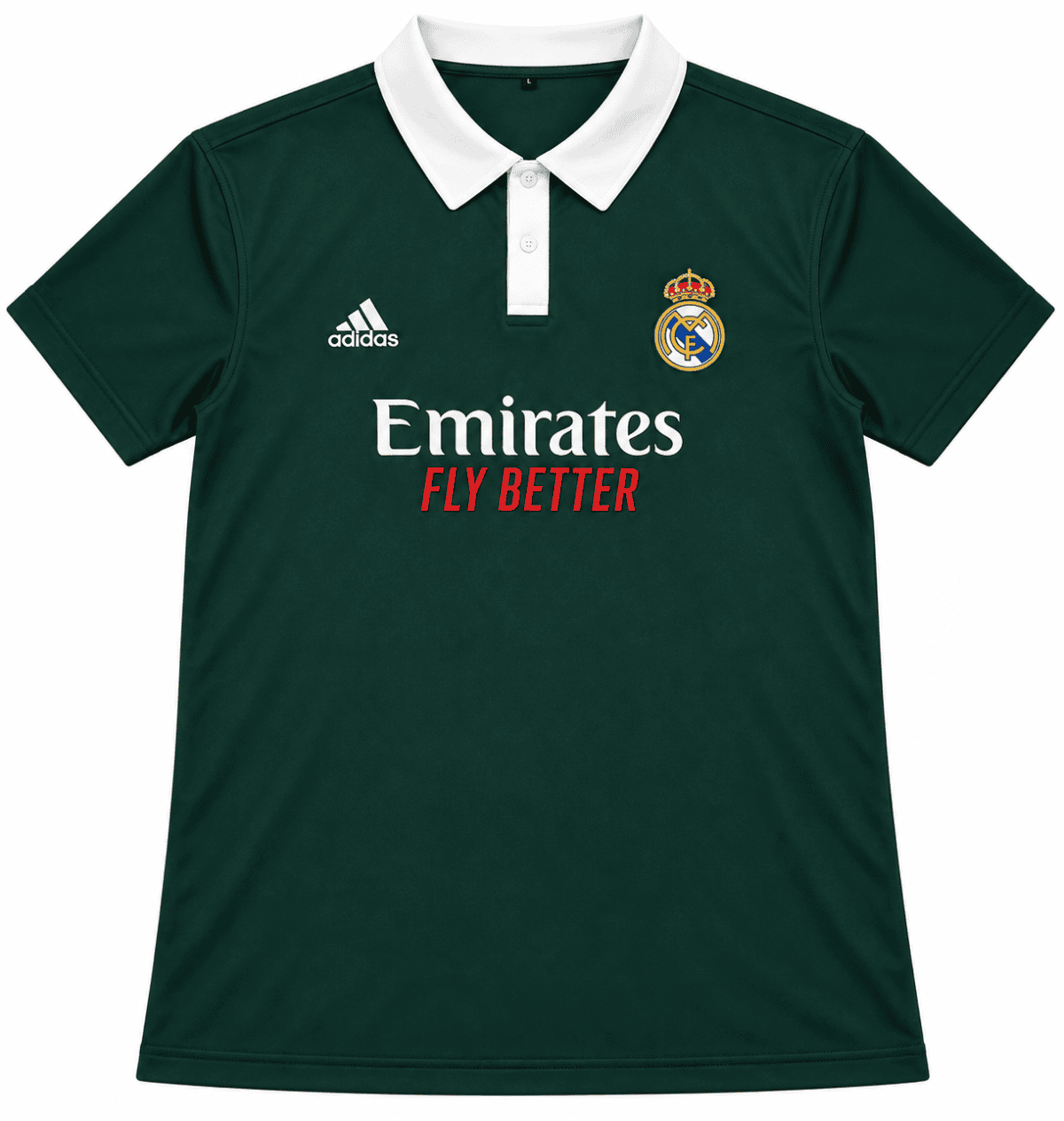 Real Madrid green polo shirt with white collar and club crest.