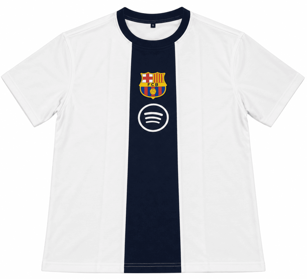 Barcelona football jersey with white and navy striped design and club crest.