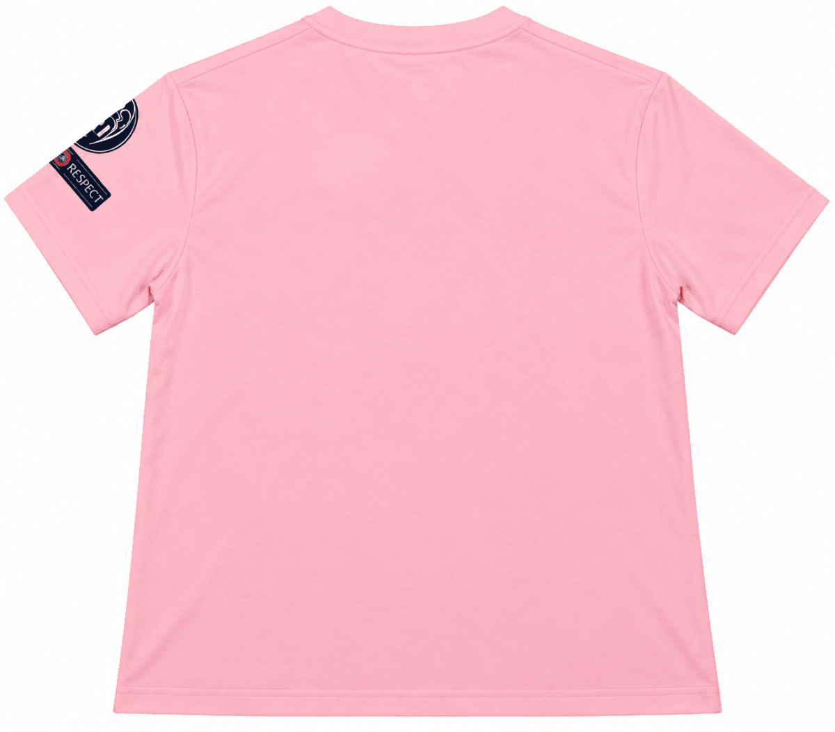 Pink Real Madrid football jersey with UEFA Champions League patch on sleeve.