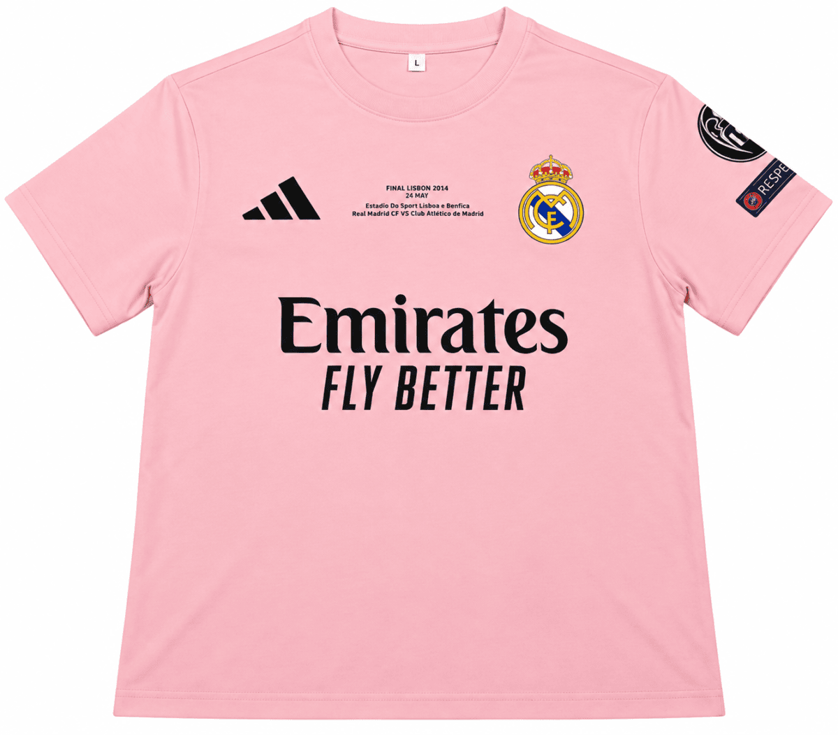 Real Madrid pink special edition football jersey with club crest and sponsor logo.