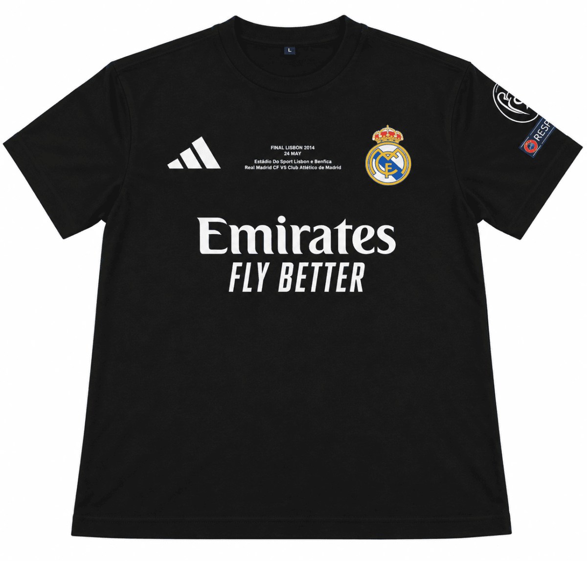 Real Madrid black special edition football jersey with badges and sponsor logo.