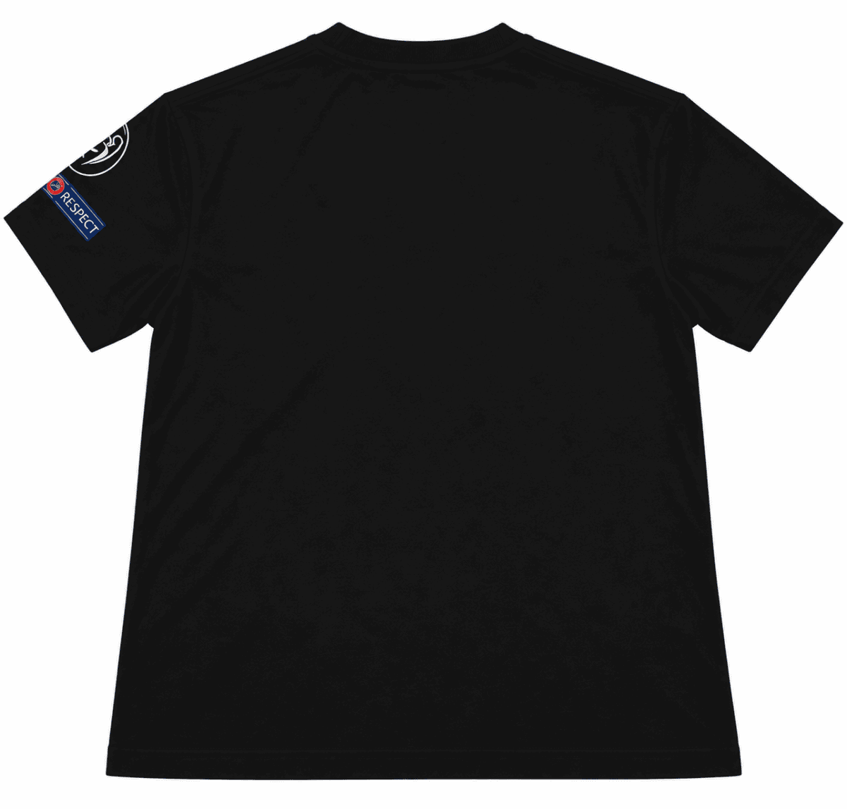 Black Real Madrid special edition jersey with badges, back view.