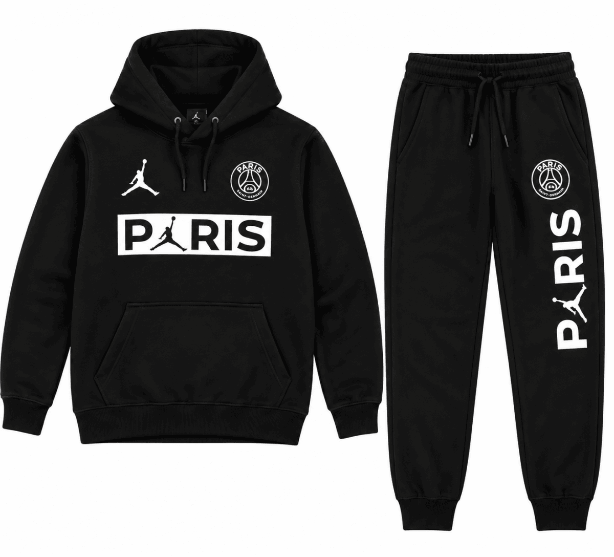 Black PSG x Jordan hoodie and joggers with white logo and text.