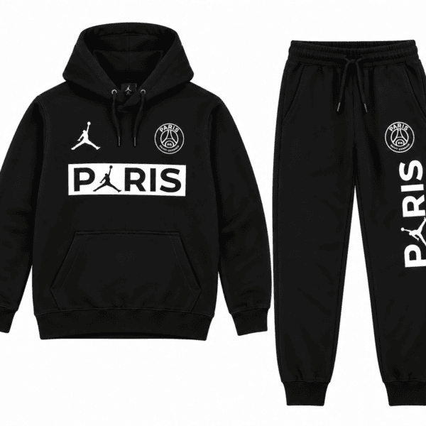 ChatGPT Image Sep 7 2026 05_32_19 PM - UAE SPORT STORE Black PSG x Jordan hoodie and joggers with white logo and text.