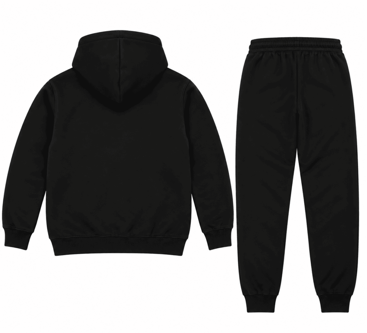 Black hoodie and joggers set for sports or casual wear.