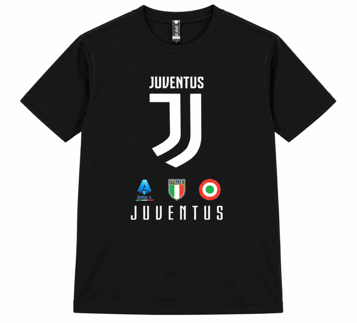 Juventus black special shirt with club logo and Italian flag patches.