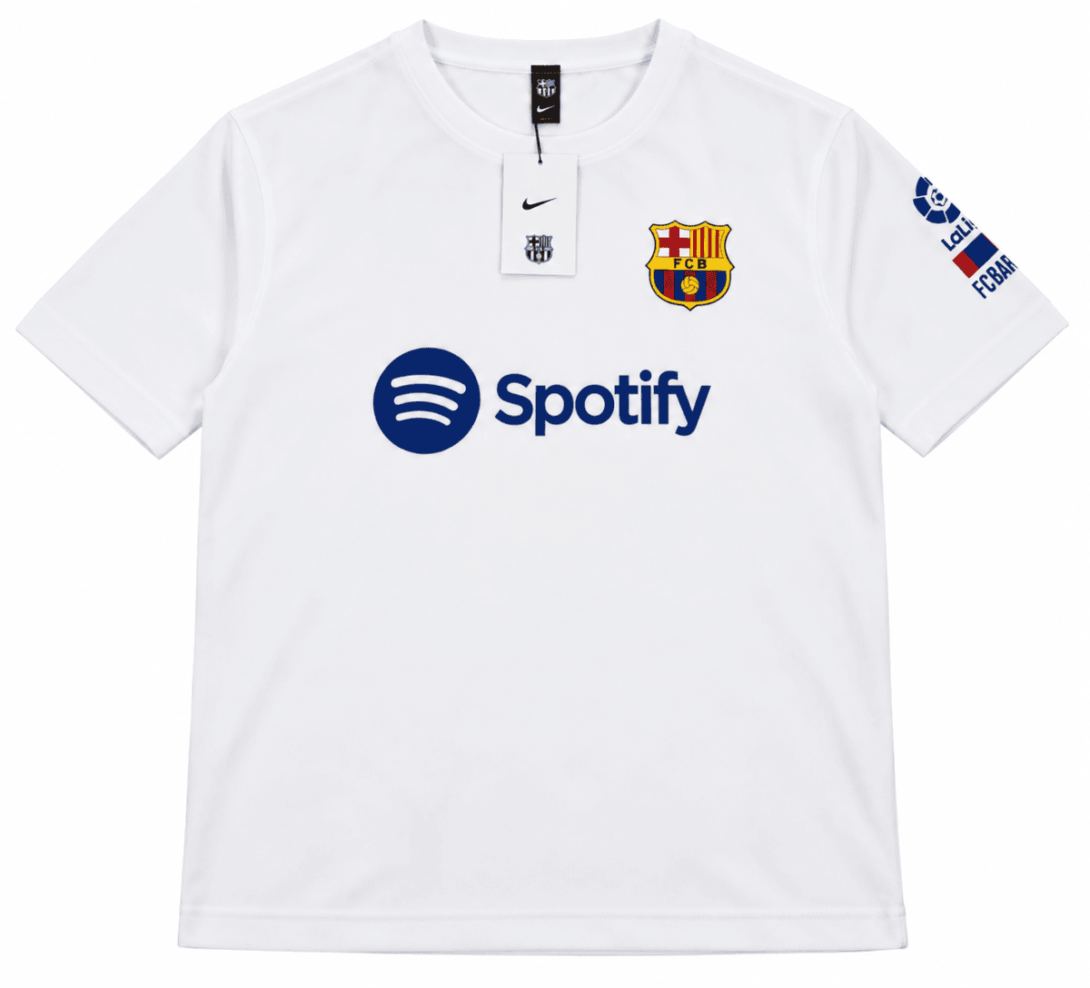 Barcelona white special T-shirt with club crest, Spotify logo, and La Liga patch.