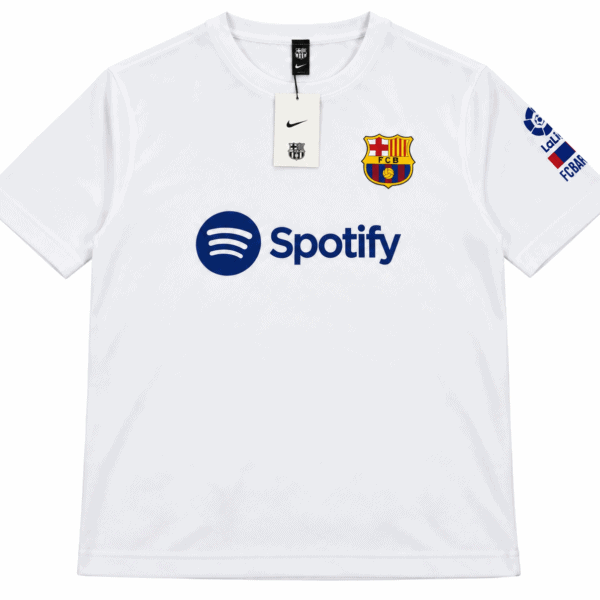 ChatGPT Image Sep 7 2026 05_49_42 PM - UAE SPORT STORE Barcelona white special T-shirt with club crest, Spotify logo, and La Liga patch.