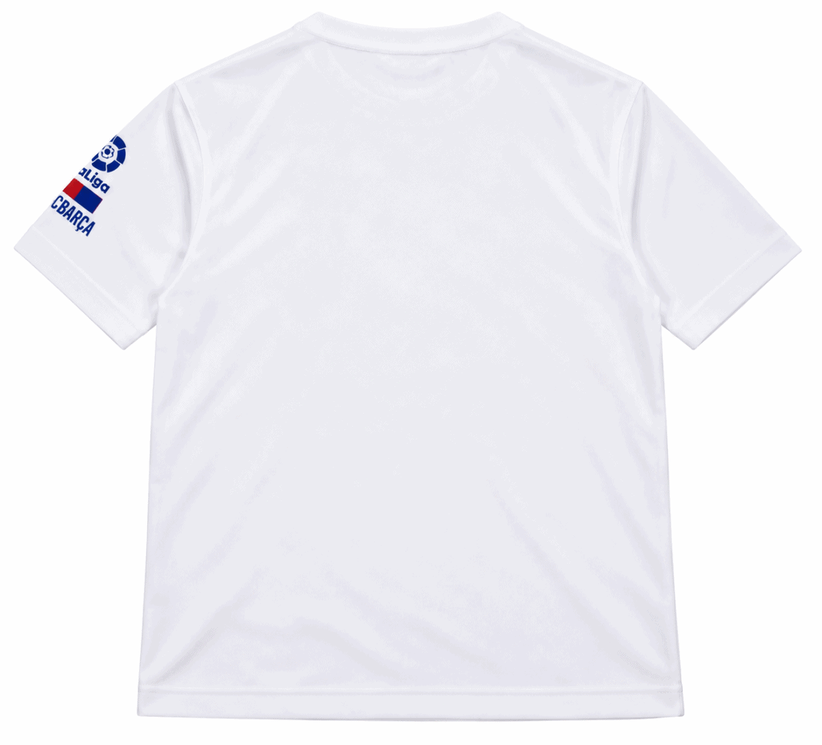 Barcelona white special T-shirt with La Liga and club logo on sleeve.