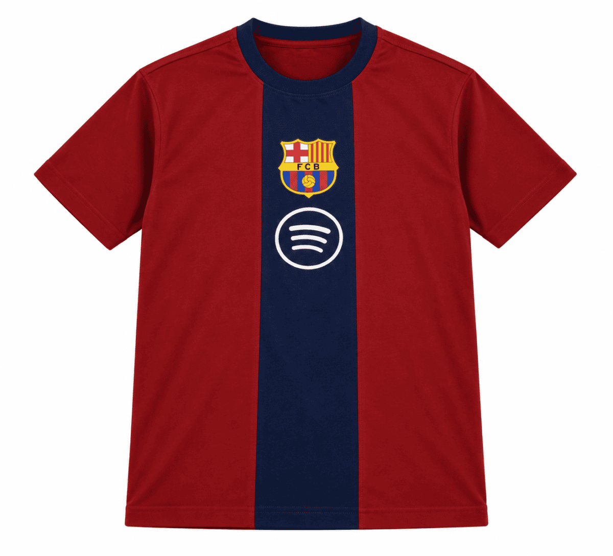 Barcelona football jersey with maroon and blue stripes and club crest.