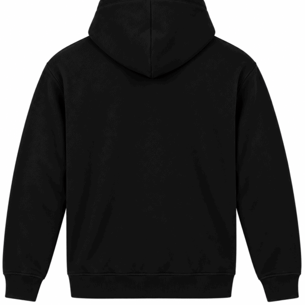 Black hoodie with no visible logos or designs, front view.