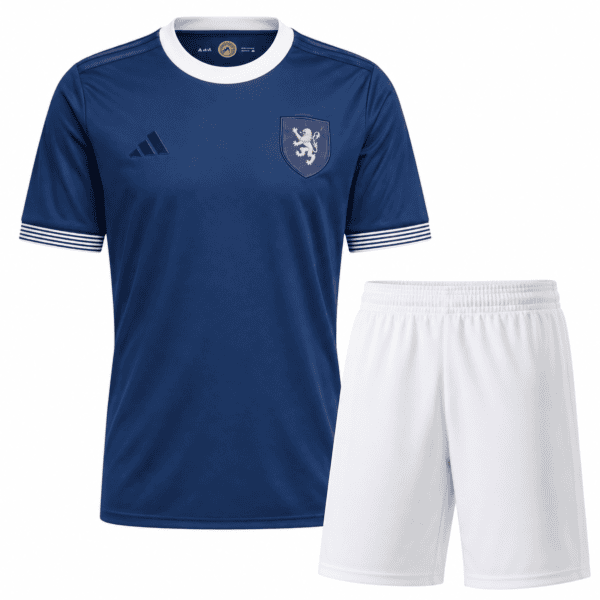 Scotland kids kit, blue jersey with white collar and shorts, 2023 anniversary.