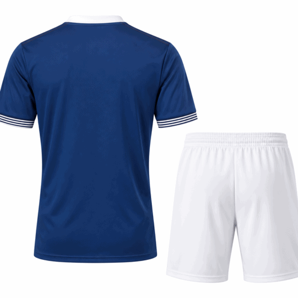 Scotland 150th Anniversary 2023 kids football kit with blue jersey and white shorts.