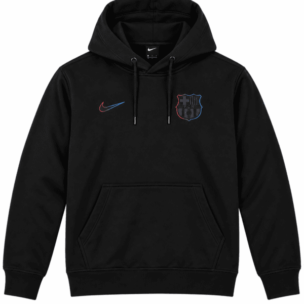 ChatGPT Image Sep 8 2026 02_35_13 PM - UAE SPORT STORE Black hoodie with FC Barcelona crest and Nike logo, no visible season or colors.