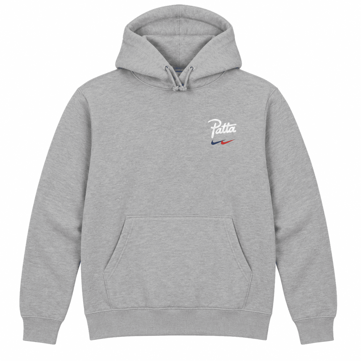 Grey hoodie with 'Patta' logo and Nike swoosh in red and blue.