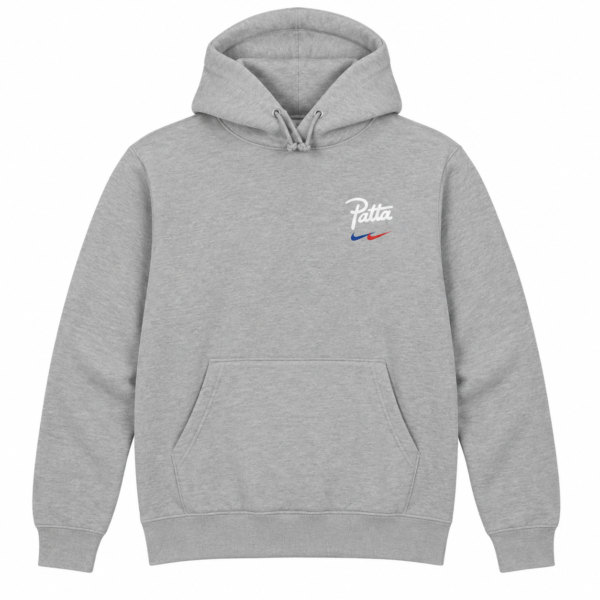 ChatGPT Image Sep 8 2026 03_22_51 PM - UAE SPORT STORE Grey hoodie with 'Patta' logo and Nike swoosh in red and blue.