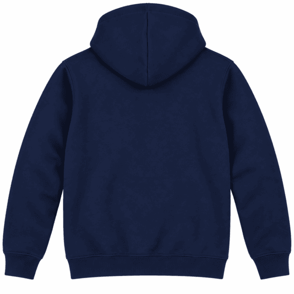 Navy hoodie with no visible logos or branding, front view.