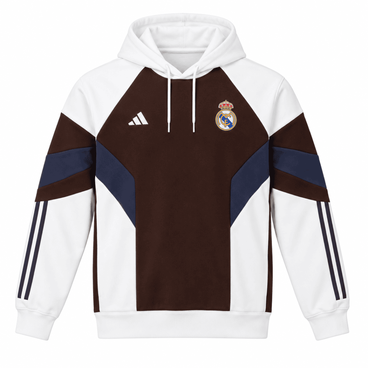 Real Madrid hoodie with white, brown, and blue colorblock design and club crest.