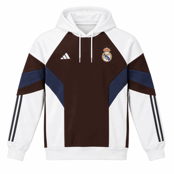 Real Madrid hoodie with white, brown, and blue colorblock design and club crest.