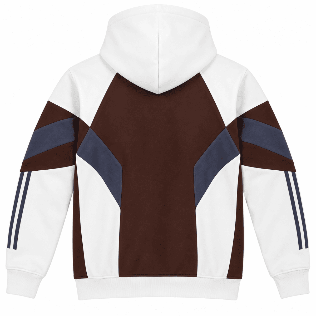 Colorblock hoodie with white, brown, and navy blue panels, long sleeves, and hood.