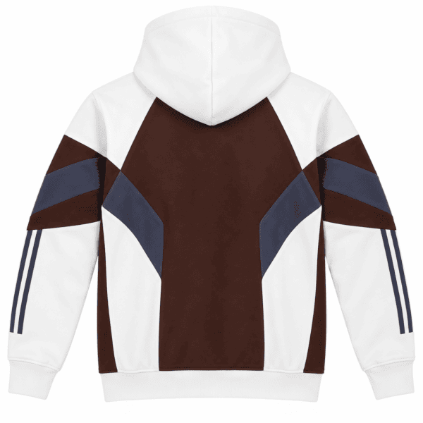 Colorblock hoodie with white, brown, and navy blue panels, long sleeves, and hood.