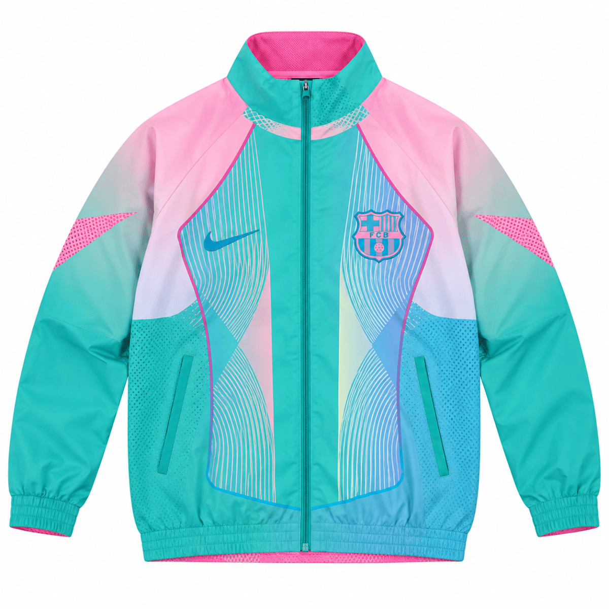 Barcelona 2025/26 cyan windbreaker with club crest and Nike logo.