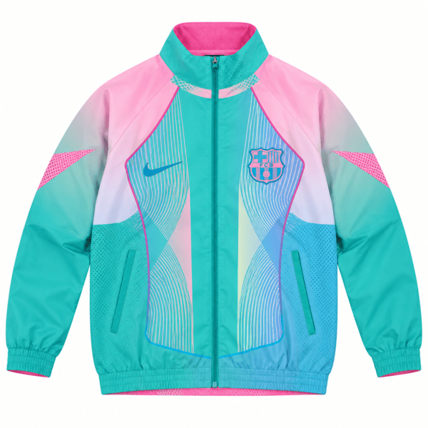 Barcelona 2025/26 cyan windbreaker with club crest and Nike logo.