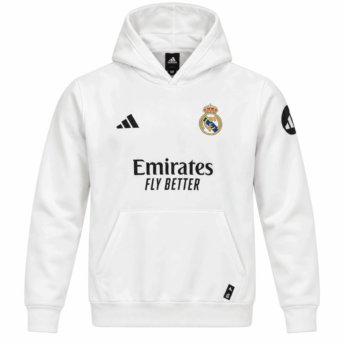 White Real Madrid hoodie with club crest and sponsor logo.