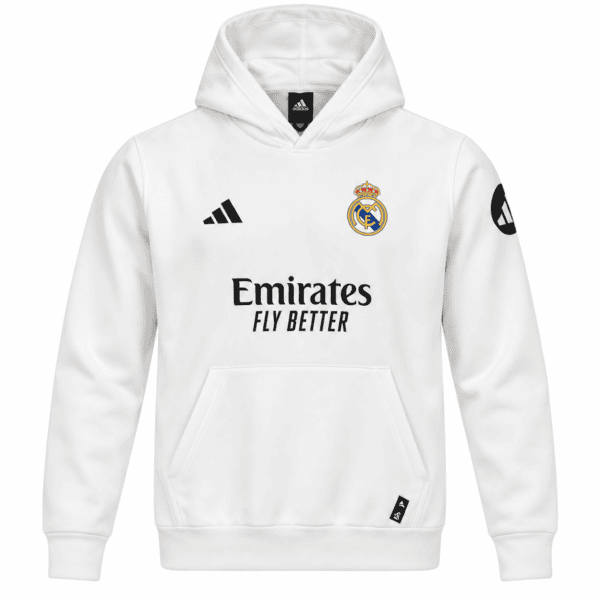 White Real Madrid hoodie with club crest and sponsor logo.