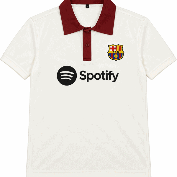 ChatGPT Image Sep 8 2026 12_34_00 PM - UAE SPORT STORE FC Barcelona cream polo jersey with red collar and Spotify logo.