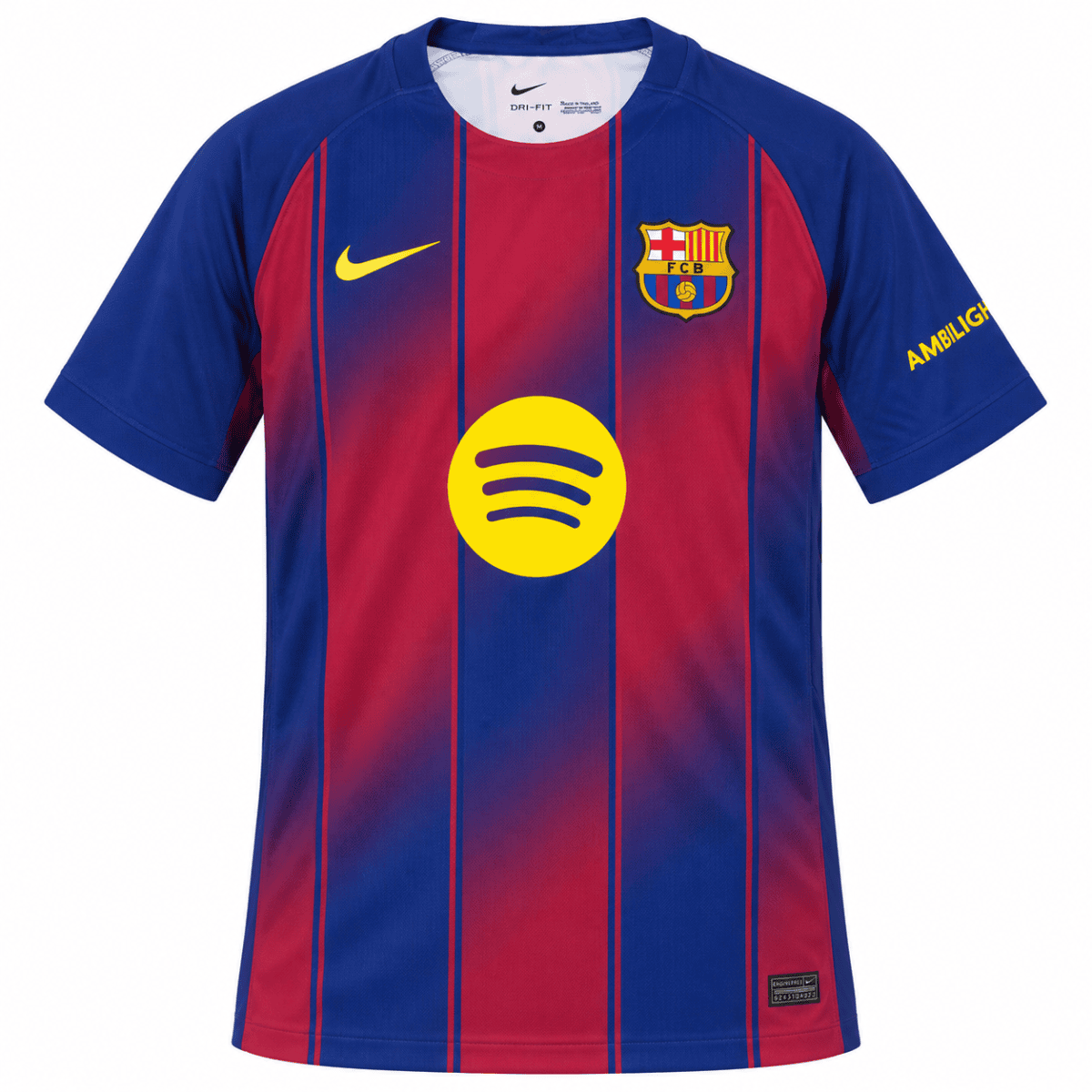 Barcelona home kit 2025/26 with red and blue vertical stripes and club crest.