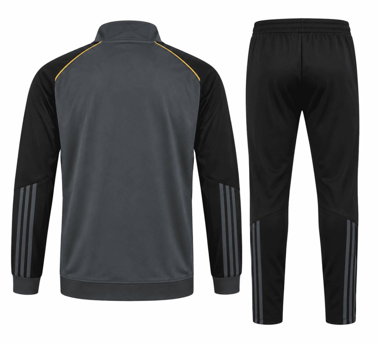 Black and grey sports tracksuit with yellow accents, full view.
