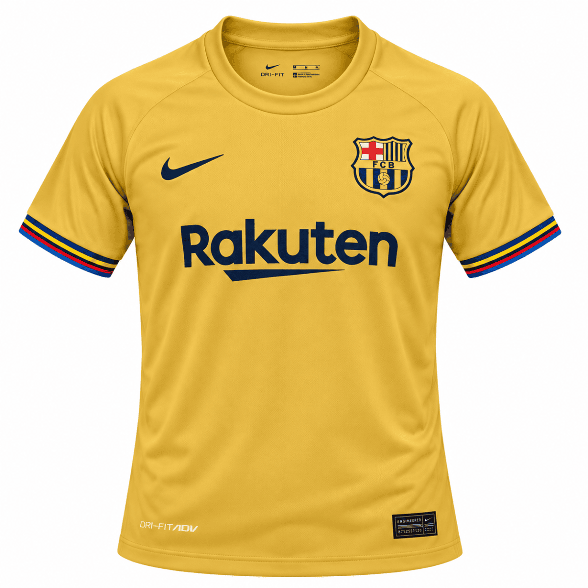 FC Barcelona yellow away jersey with Rakuten sponsor and club crest.