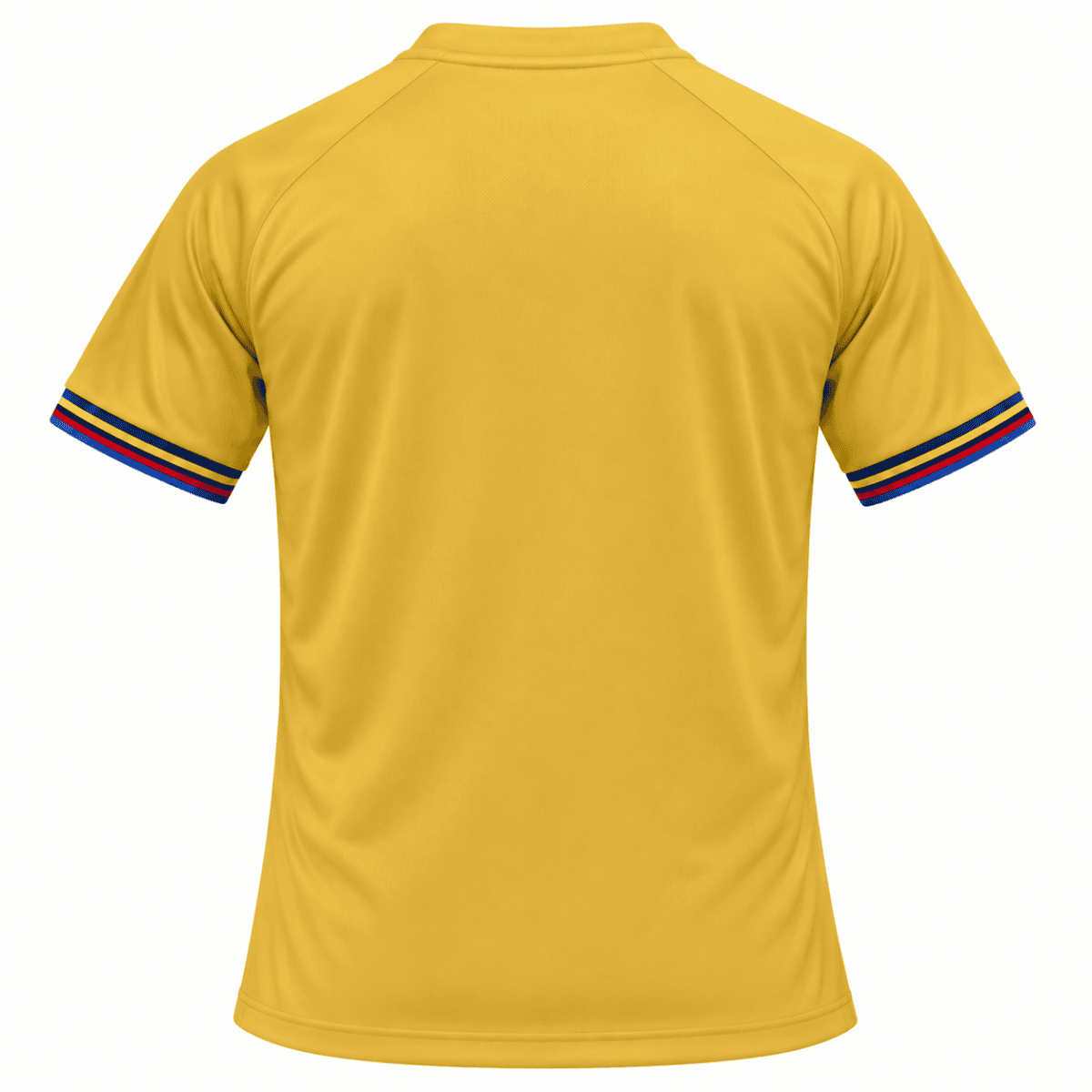 Yellow FC Barcelona jersey with multicolor sleeve stripes, back view.