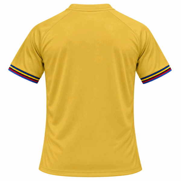 Yellow FC Barcelona jersey with multicolor sleeve stripes, back view.