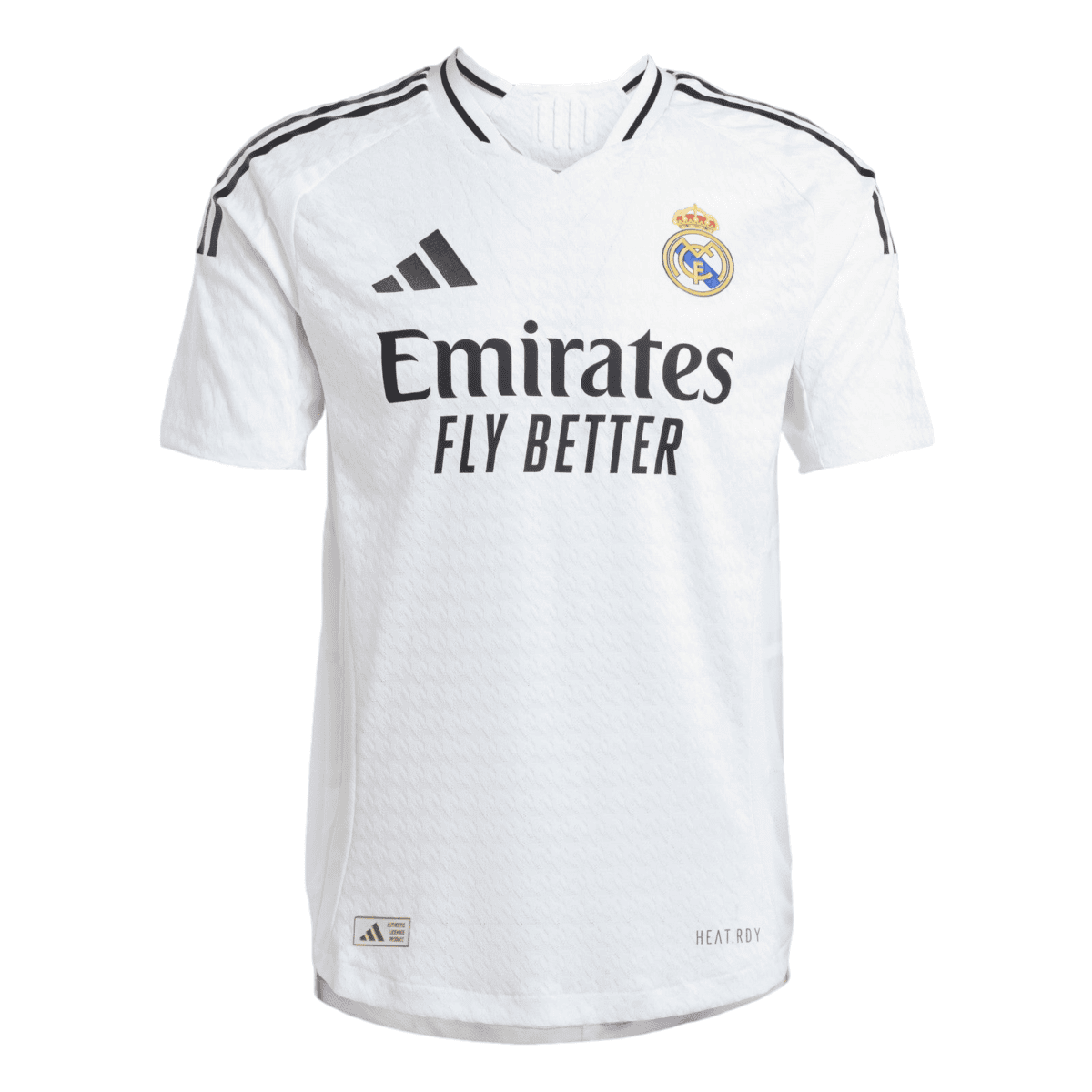 Real Madrid away kit 2023-24 white jersey with black accents and sponsor logo.