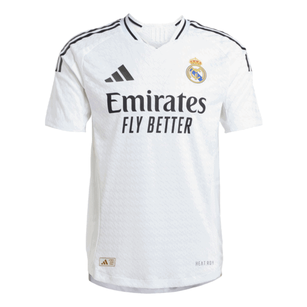 Real Madrid away kit 2023-24 white jersey with black accents and sponsor logo.
