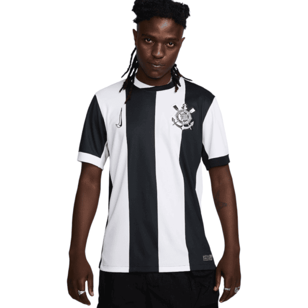 Corinthians home football jersey black and white vertical stripes.