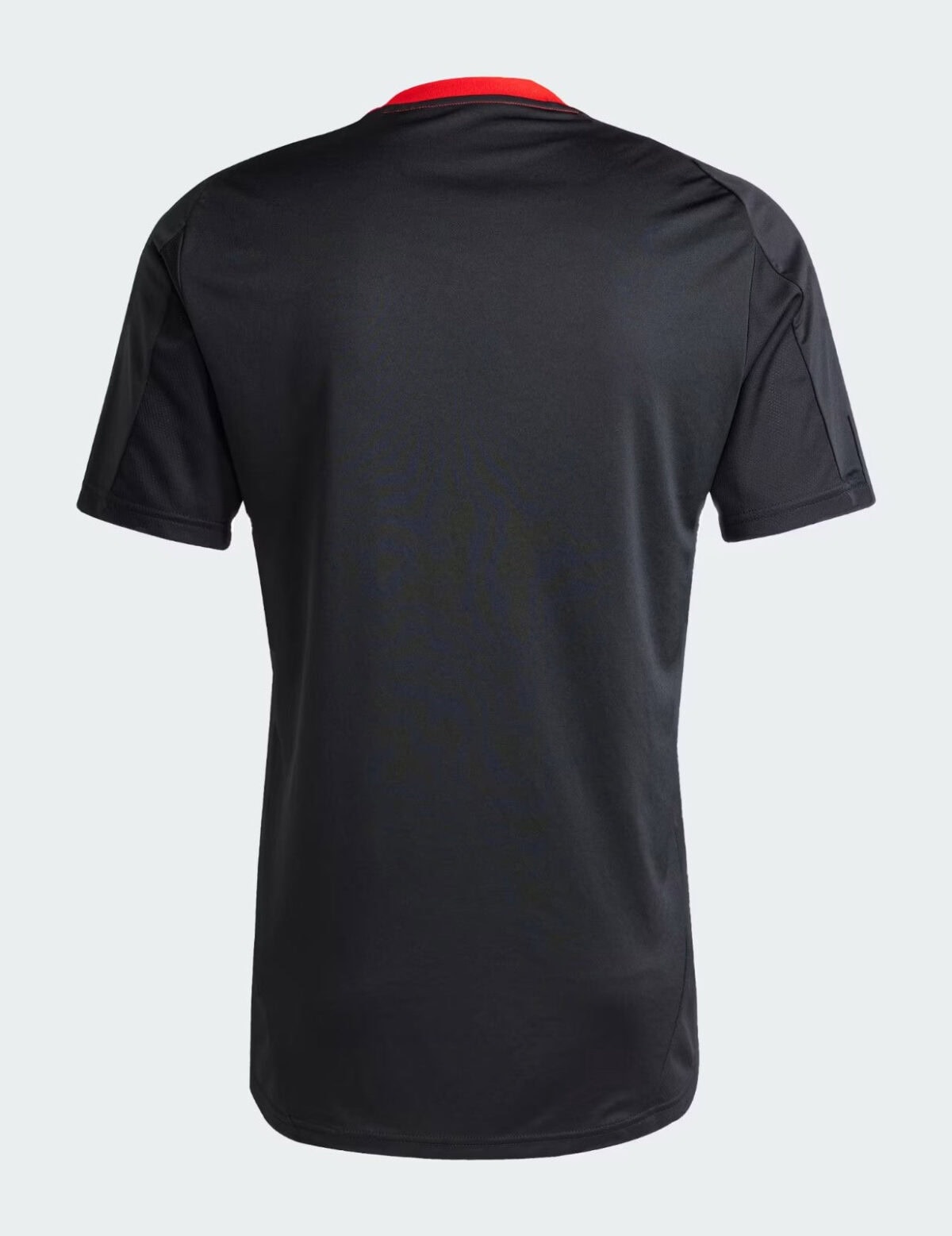 Black football jersey with red collar, back view, no visible team logo or sponsor.