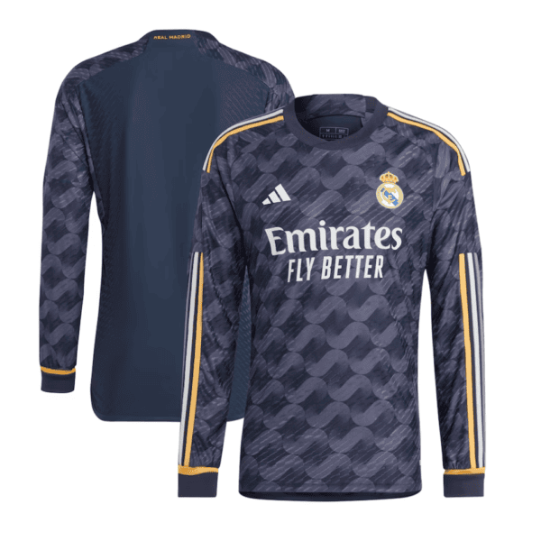 Real Madrid away football jersey with blue and yellow design for 2023 season.
