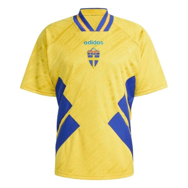Swedish national team football jersey yellow with blue accents and logo.