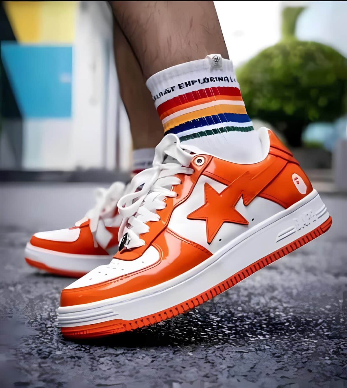 Orange and white sports shoes with rainbow socks on a wet surface.