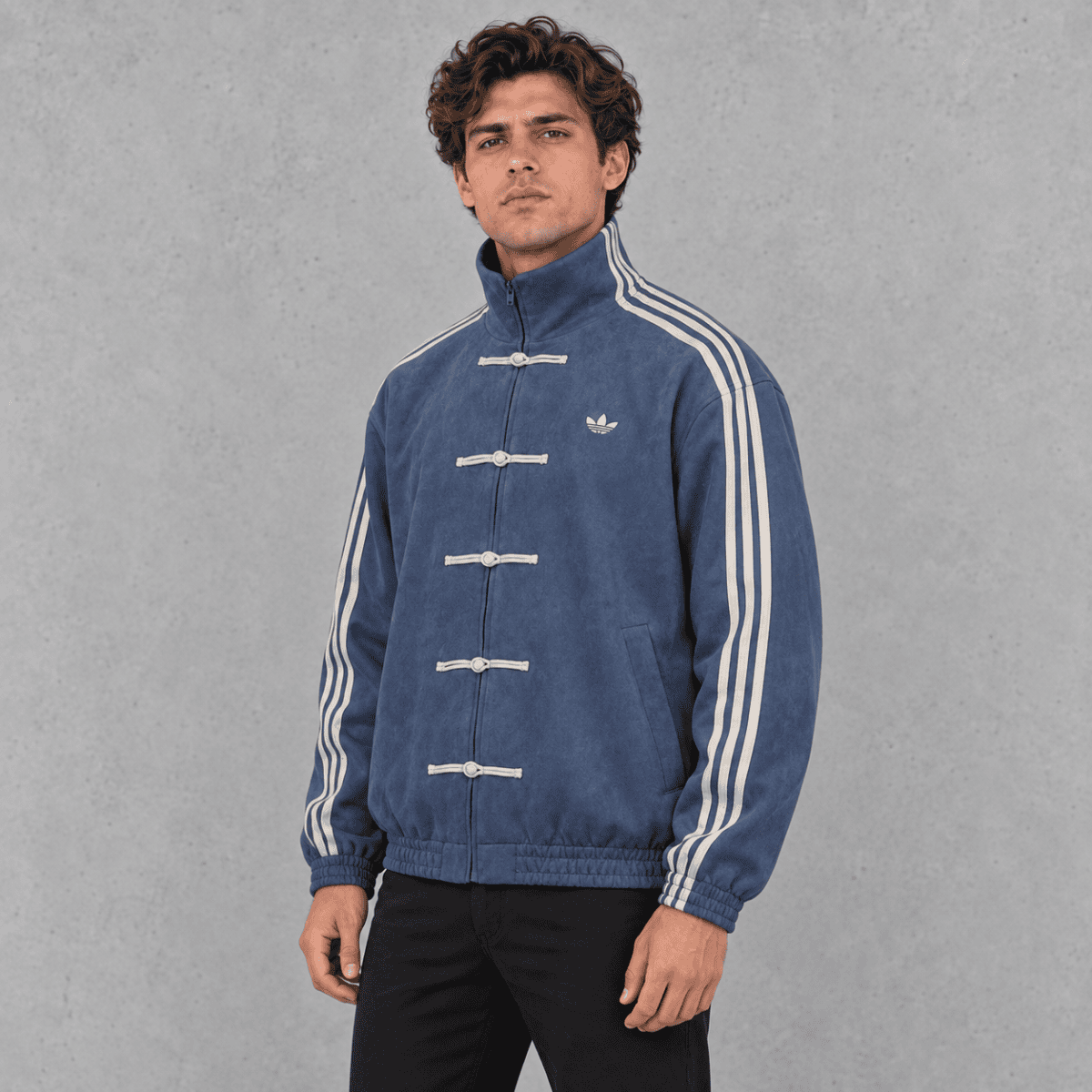 Man wearing blue Adidas track jacket with white stripes on sleeves.