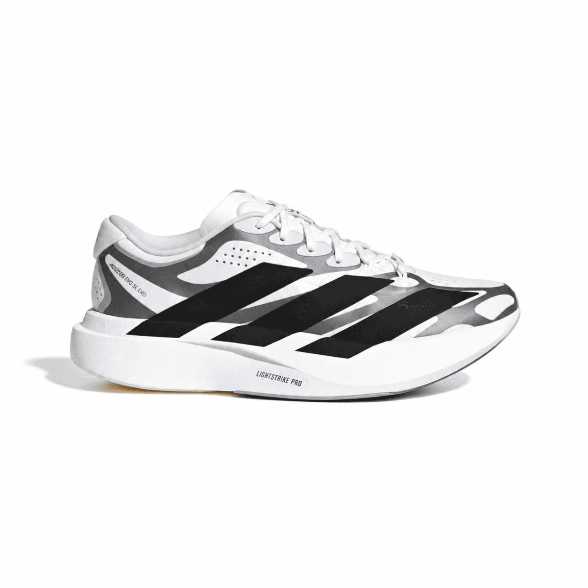Adidas Adizero Evo SL EXO trainers in white and black on a white background.
