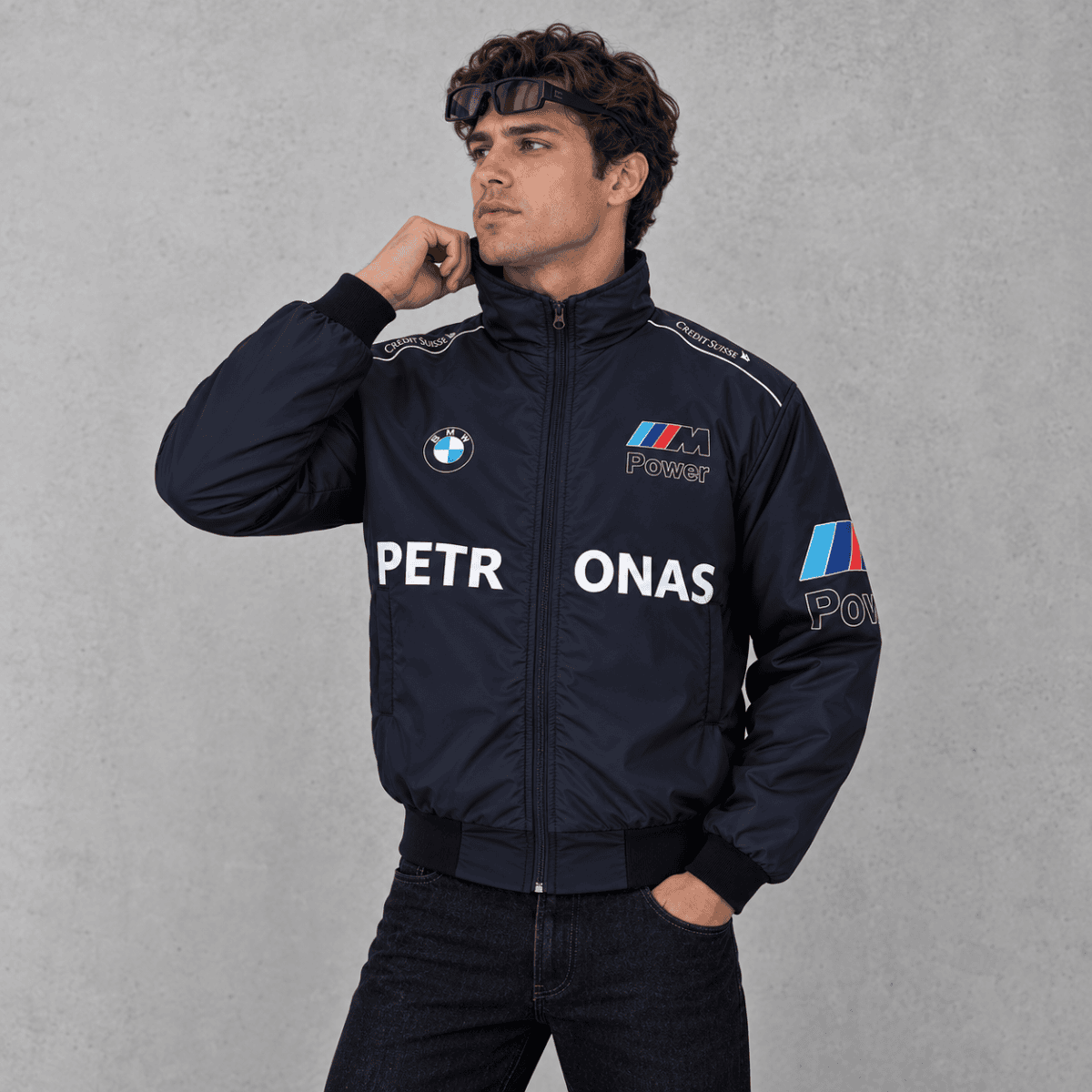 BMW M Motorsport jacket with Petronas logo and BMW badge, men's fashion.