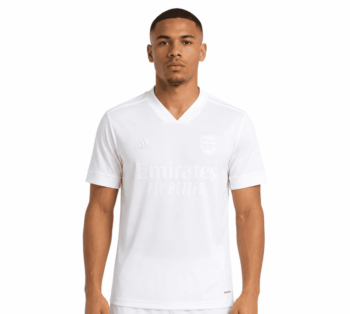 Arsenal white home jersey 21/22 season with club crest and sponsor logo.