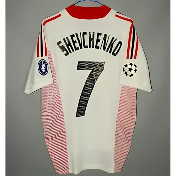 Real Madrid away football jersey with Shevchenko 7, UEFA Champions League patch.
