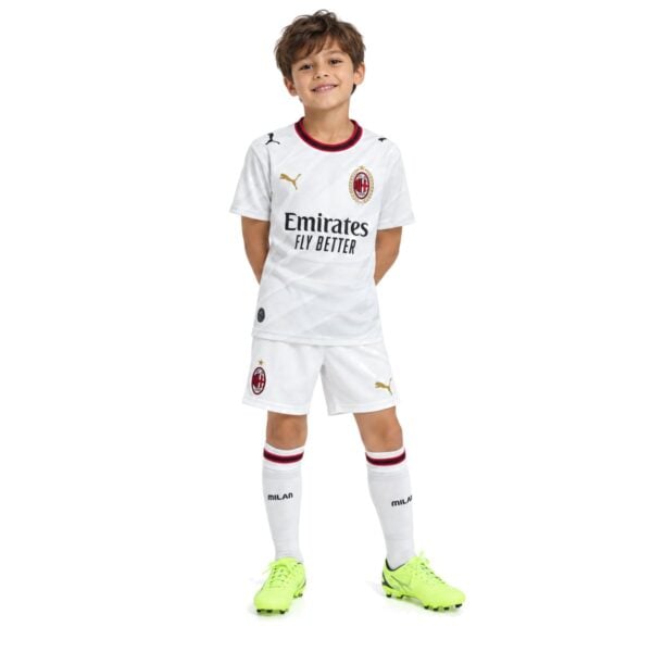 AC Milan Away Kids Kit 202627 front white jersey and white shorts - UAE SPORT STORE AC Milan Away Kids Kit 2026/27 front – white jersey and white shorts