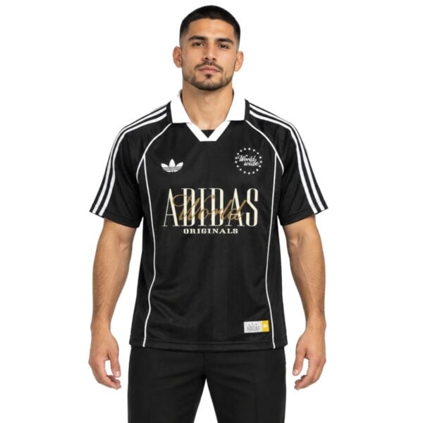 Adidas Black Jersey 202627 front view with gold Adidas Originals chest print - UAE SPORT STORE Adidas Black Jersey 2026/27 front view with gold Adidas Originals chest print